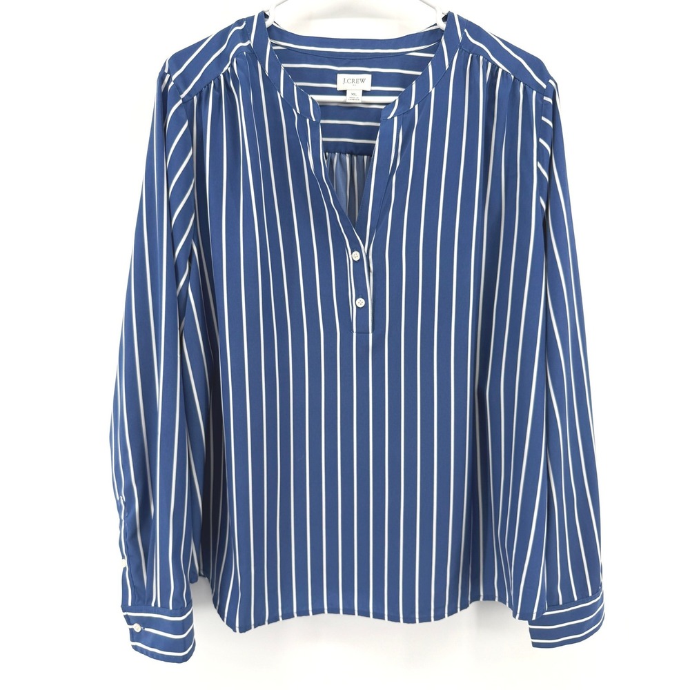 J.Crew Blue Striped Top Long Sleeve Split VNeck Button Pullover Office Women XL